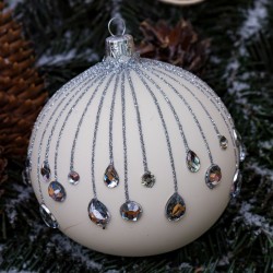 Bombka szklana 10cm, srebrna spadająca łza na biały mat... 2