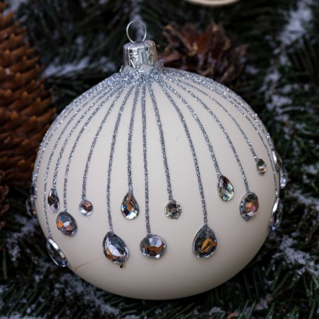 Bombka szklana 10cm, srebrna spadająca łza na biały mat (ścianówa)