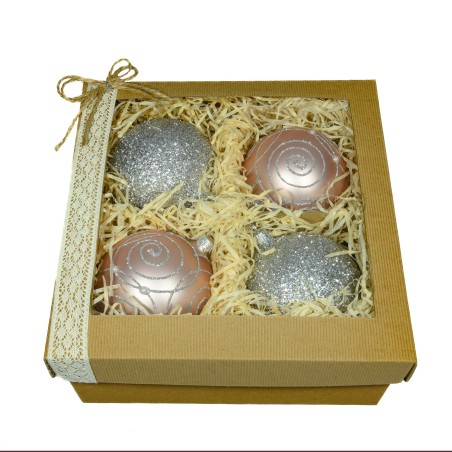 Zestaw prezentowy czterosztukowy  - Bombki szklane 10cm, 2xsrebrny ślimak z perła na pudrowy róż mat, 2xsrebrny brokat