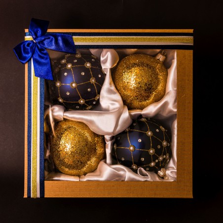 Zestaw prezentowy czterosztukowy  - Bombki szklane 10cm, 2x złota siatka z kamieniem na granat mat mat, 2xzłoty brokat