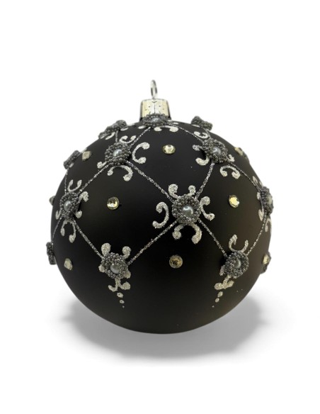 Bombka szklana 10cm, srebrna półsiatka z perełkami i kamieniem na czarny mat