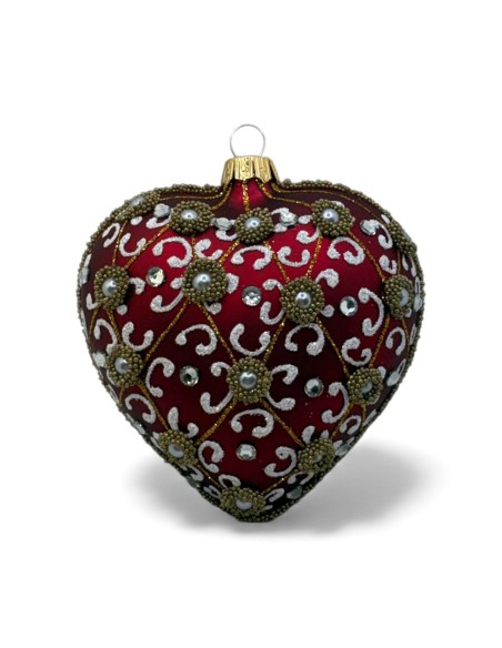 Bombka szklana SERCE, złota półsiatka ze ślimaczkami z perłą na bordo mat