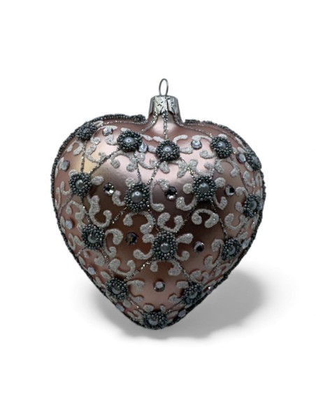 Bombka szklana SERCE, srebrna  półsiatka ze ślimaczkami z perłą na pudrowy róż mat