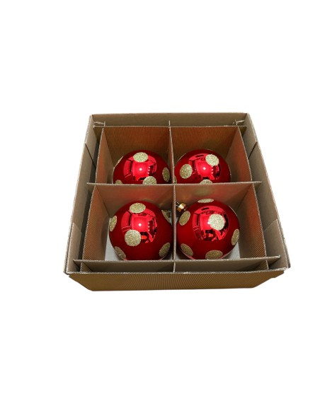 Zestaw bombki szklane 10cm - 4 sztuki zapakowane w pudełko bez okienka (załączone ) , czerwony lakier - złote  grochy
