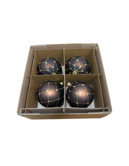 Zestaw bombki szklane 10cm - 4 sztuki zapakowane w pudełko bez okienka (załączone ) ,brąz mat - złota siatka z kamieniem