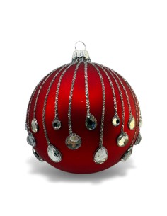 Bombka szklana 10cm, srebrna spadająca łza na czerwony mat