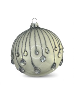 Bombka szklana 10cm, srebrna spadająca łza na biały lakier