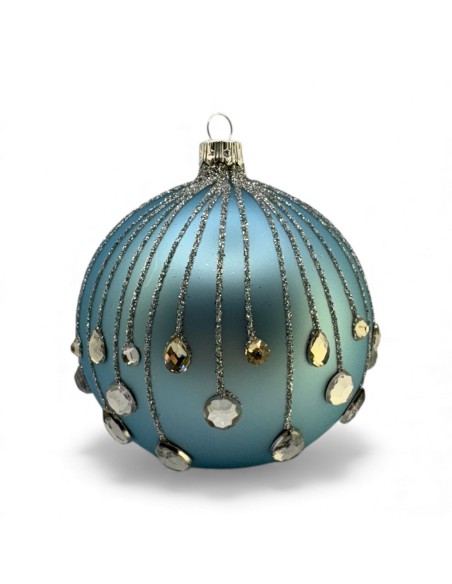 Bombka szklana 10cm,złota spadająca łza na baby blue mat