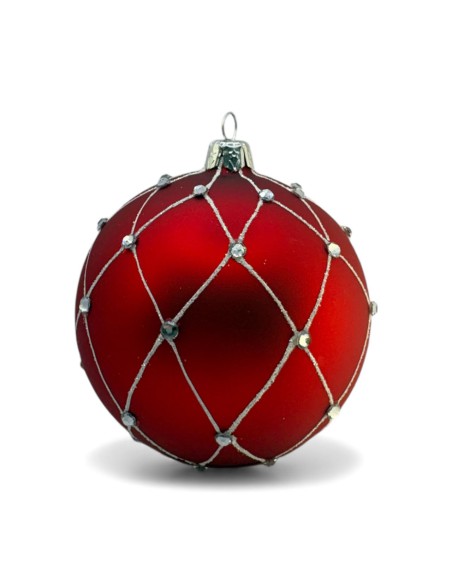 Bombka szklana 10 cm, biała  siatka kamień na bordo mat