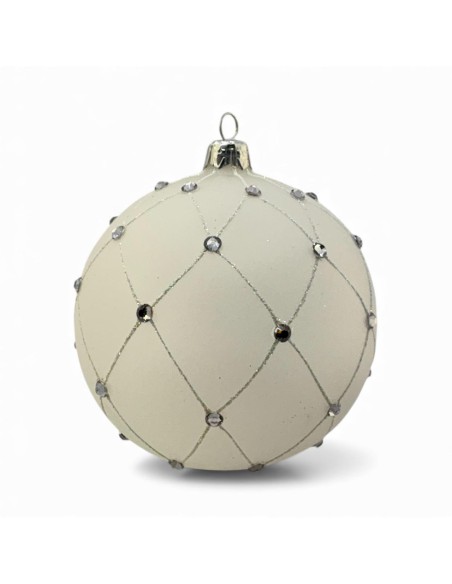 Bombka szklana 10 cm, srebrna siatka kamień na biały (ścianówa) mat
