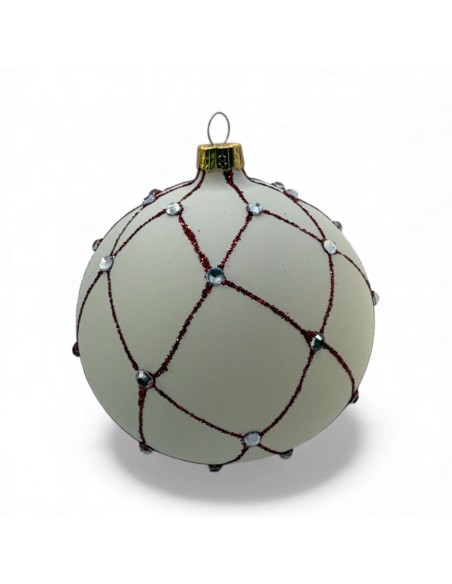 Bombka szklana 10 cm, czerwona siatka kamień na biały (ścianówa) mat