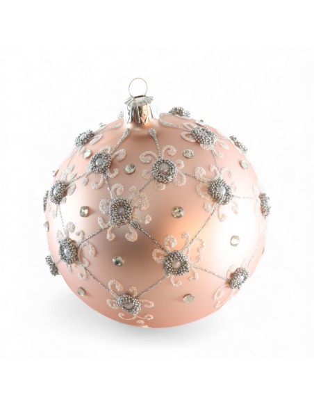 Bombka szklana10cm, srebrna półsiatka z perełkami i kamieniem na pudrowy róż mat