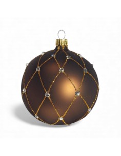 Bombka szklana 10cm, złota siatka z kamieniami na brąz mat