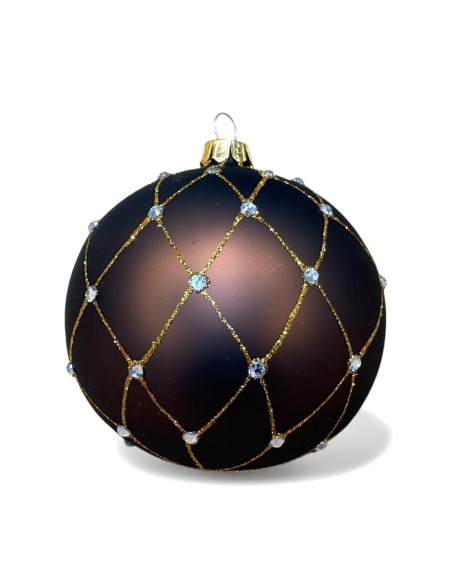 Bombka szklana 10cm, złota siatka z  kamieniami na brąz mat