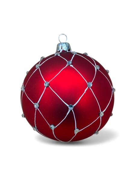 Bombka szklana 10 cm, biała  siatka kamień na bordo mat