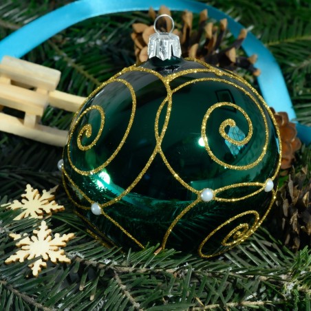 Zestaw prezentowy czterosztukowy  - Bombki szklane 10cm, złoty ślimak z perła na butelkowa zieleń lakier.